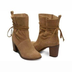 TOMS Mila Boots Toffee Tan Suede Booties Tie NEW 6